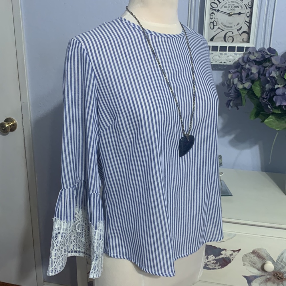 Given as Gift Blue and White Bell Sleeved Blouse - Picture 3 of 7